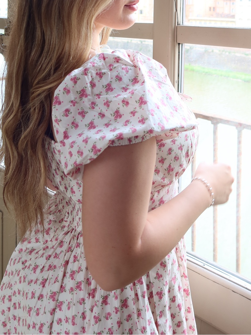 Floral Puff-Sleeve Midi Dress — White with Pink Rose Print